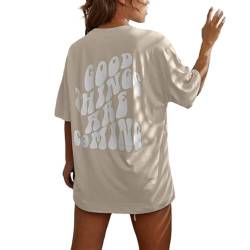 T-Shirt Damen Kurzarm Sport Sommer Oberteile Oversize Tshirt mit Buchstaben Muster Sweatshirt Lose Rundhals Rückendruck Bluse Teenager Mädchen Tunika Lang Top Sportshirt 0 von Soupliebe