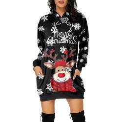 Weihnachtskleid Damen,Merry Christmas Hoodie Kleid Damen Weihnachtspullover Weihnachtskleider Hoodie Weihnachtspullover Rentier Print Kapuzenpullover Kleid Langes Weihnachts Pulli Weinachtspullie von Soupliebe