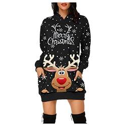 Weihnachtskleid Damen,Merry Christmas Hoodie Kleid Damen Weihnachtspullover Weihnachtskleider Hoodie Weihnachtspullover Rentier Print Kapuzenpullover Kleid Langes Weihnachts Pulli Weinachtspullie von Soupliebe