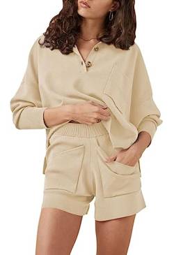 Sovoyontee Damen 2-Teilige Lounge Sets Outfits Knopf V-Ausschnitt Batwing Langarm Top Shorts Strickpullover Aprikose S von Sovoyontee