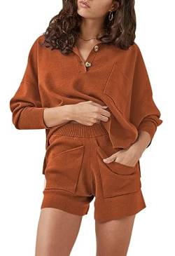 Sovoyontee Damen 2-Teilige Outfits Knopf Loungewear Langarm Top Shorts Strickpullover Lounge Sets Schlafanzug Braun L von Sovoyontee