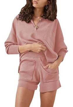 Sovoyontee Damen 2-Teilige Outfits Knopf Loungewear Langarm Top Shorts Strickpullover Lounge Sets Schlafanzug Rosa L von Sovoyontee