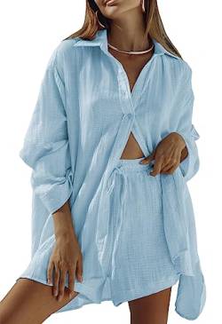 Sovoyontee Damen 2-Teiliges Langarm Loungewear Shorts Set Lounge Sweatsuit Lässiger Trainingsanzug Pyjama Himmelblau XL von Sovoyontee