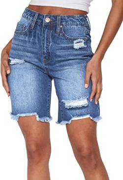 Sovoyontee Damen Bermuda Shorts Mid-High Waisted Ausgefranste Raw Saum Denim Hose Ripped Jean Shorts Hellblau XXL von Sovoyontee