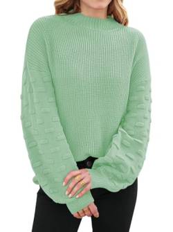 Sovoyontee Damen Herbst Oversized Rundhalsausschnitt Lange Puffärmel Grobstrick Pullover Pullover Tops, Hellgrün, X-Groß von Sovoyontee