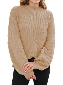 Sovoyontee Damen Herbst Oversized Rundhalsausschnitt Lange Puffärmel Grobstrick Pullover Pullover Tops, Khaki, Mittel von Sovoyontee