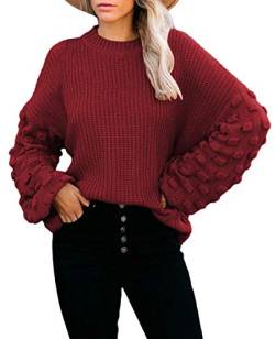 Sovoyontee Damen Herbst Oversized Rundhalsausschnitt Lange Puffärmel Grobstrick Pullover Pullover Tops, rubinrot, Mittel von Sovoyontee