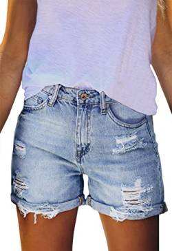 Sovoyontee Damen Hohe Taille Denim Kurze Hose Ausgefranste Distressed Zerrissener Jeans Destroyed Sommer Blau M von Sovoyontee