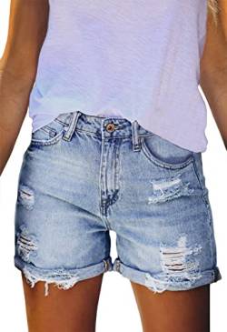 Sovoyontee Damen Hohe Taille Denim Kurze Hose Ausgefranste Distressed Zerrissener Jeans Destroyed Sommer Blau XL von Sovoyontee