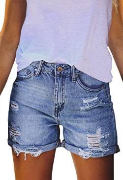 Sovoyontee Damen Hohe Taille Denim Kurze Hose Ausgefranste Distressed Zerrissener Jeans Destroyed Sommer Tiefblau XL von Sovoyontee