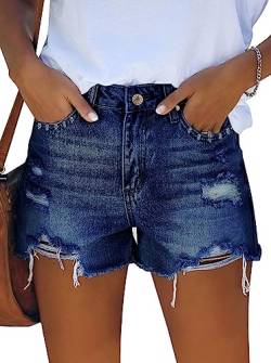 Sovoyontee Damen Hohe Taille Denim Shorts Lässig Ripped Sommer Hot Pants Frayed Distressed Jeans Taschen Blau S von Sovoyontee