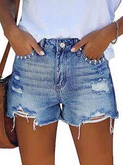 Sovoyontee Damen Hohe Taille Denim Shorts Lässig Ripped Sommer Hot Pants Frayed Distressed Jeans Taschen Himmelblau L von Sovoyontee