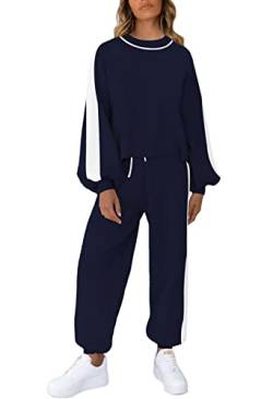 Sovoyontee Damen Jogginganzug Loungewear 2-Teiliges Lounge Set Sweatsuit Strickpullover Langarm Trainingsanzug Tiefblau M von Sovoyontee