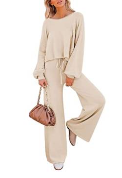 Sovoyontee Damen Langarm Kurz Top Sweatsuit Loungewear Weitem Hose Strick Pullover Trainingsanzug 2-Teiliges Set Beige L von Sovoyontee