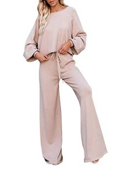 Sovoyontee Damen Langarm Kurz Top Sweatsuit Trainingsanzug Strick Pullover Loungewear Weitem Hose 2-Teiliges Set Aprikose XL von Sovoyontee