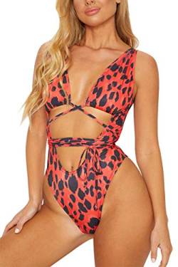 Sovoyontee Damen Sexy Einteiler Badeanzüge Bikini Badeanzug, Orange Leopardenmuster, XL von Sovoyontee