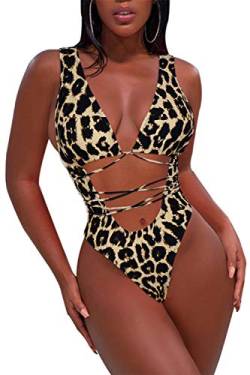 Sovoyontee Damen Sexy Einteiler Badeanzüge Bikini Badeanzug, braunes Leopardenmuster von Sovoyontee