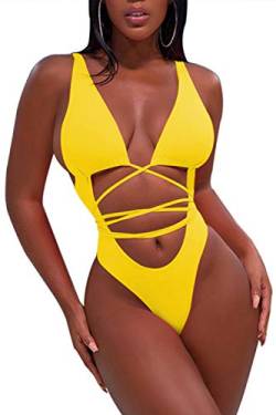 Sovoyontee Damen Sexy Einteiler Badeanzüge Bikini Badeanzug - Gelb von Sovoyontee