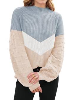 Sovoyontee Niedlicher Übergroßer Damen-Pullover mit Rundhalsausschnitt, lockere Puffärmel, Grobstrick, Chevron | Grau-Weiß-Aprikose, X-Groß von Sovoyontee