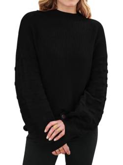 Sovoyontee Niedlicher Übergroßer Damen-Pullover mit Rundhalsausschnitt, lockere Puffärmel, Grobstrick, Schwarz, Groß von Sovoyontee