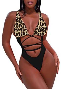 Sovoyontee Women's Thong Sexy One Piece Bikini Swimsuits Swimwear, Leopard Top Match Black Bottom and String, S von Sovoyontee