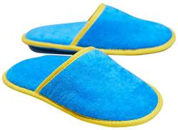 Sowel® Velour Frottee Slipper ohne Silikonnoppen, Hotelslipper, Hausschuhe, 100% Bio-Baumwolle, Damen und Herren, One Size, Geschlossen, Blau/Gelb von Sowel