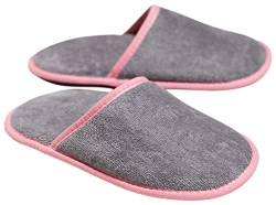 Sowel® Velour Frottee Slipper ohne Silikonnoppen, Hotelslipper, Hausschuhe, 100% Bio-Baumwolle, Damen und Herren, One Size, Geschlossen, Grau/Pink von Sowel