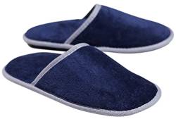 Sowel® Velour Frottee Slipper ohne Silikonnoppen, Hotelslipper, Hausschuhe, 100% Bio-Baumwolle, Damen und Herren, One Size, Geschlossen, Navy/Grau von Sowel