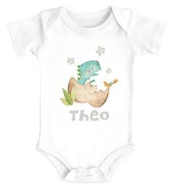 SpecialMe® Baby Body mit Namen Bedrucken Lassen Dino Print Dinosaurier Motiv Kurzarm Bio Baumwolle T-Rex weiß 3-6 Monate von SpecialMe