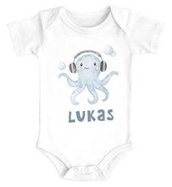 SpecialMe® Baby Body mit Namen Bedrucken Lassen Octopus Unterwasser Tiermotiv Tintenfisch Kurzarm Bio Baumwolle weiß 3-6 Monate von SpecialMe