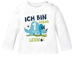 SpecialMe® Baby Langarm-Shirt mit Namen und Zahl 1/2 Geschenk zum Geburtstag Dinosaurier Dino für Jungen 1 Jahr weiß 80/86 (10-15 Monate) von SpecialMe