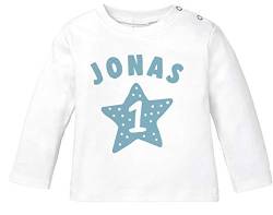 SpecialMe® Baby Langarmshirt mit Name und Zahl 1 zum ersten Geburtstag Motiv Stern Geburtstagsshirt Junge/Mädchen Jungen weiß 80/86 (10-15 Monate) von SpecialMe