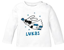 SpecialMe® Baby Langarmshirt mit Namen personalisiert Hase Superheld Junge Mädchen Bio-Baumwolle Jungen weiß 80/86 (10-15 Monate) von SpecialMe