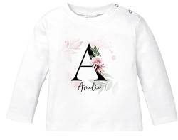 SpecialMe® Baby Langarmshirt mit Namen personalisiert Monogramm Initiale Anfangsbuchstabe anpassbar Mädchen Bio-Baumwolle Blumenhintergrund weiß 80/86 (10-15 Monate) von SpecialMe