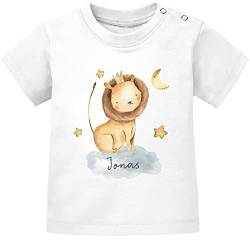 SpecialMe® Baby T-Shirt mit Namen Tier-Motive Nashorn Löwe Elefant Watercolor Junge Mädchen Kurzarm Bio-Baumwolle Löwe weiß 56/62 (1-3 Monate) von SpecialMe