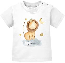 SpecialMe® Baby T-Shirt mit Namen Tier-Motive Nashorn Löwe Elefant Watercolor Junge Mädchen Kurzarm Bio-Baumwolle Löwe weiß 68/74 (4-9 Monate) von SpecialMe