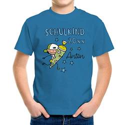 SpecialMe® Kinder Jungen T-Shirt Einschulung mit Namen Schulkind anpassbare Jahreszahl Schultüte Strichmännchen personalisierbar Jungs Ozean-blau 122-128 (7-8 Jahre) von SpecialMe