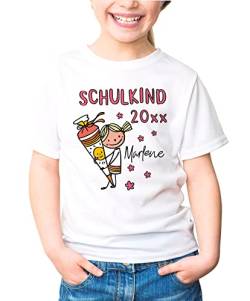 SpecialMe® Kinder Mädchen T-Shirt Einschulung mit Namen Schulkind anpassbare Jahreszahl Schultüte Strichmännchen personalisierbar Mädchen weiß 129-140 (9-10 Jahre) von SpecialMe