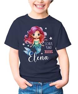 SpecialMe® Kinder Mädchen T-Shirt Schulanfang Meerjungfrau Schulkind personalisiert Wunschname Geschenk Einschulung Navy 122-128 (7-8 Jahre) von SpecialMe