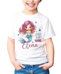 SpecialMe® Kinder Mädchen T-Shirt Schulanfang Meerjungfrau Schulkind personalisiert Wunschname Geschenk Einschulung weiß 122-128 (7-8 Jahre) von SpecialMe