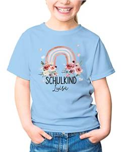 SpecialMe® Kinder Mädchen T-Shirt Schulanfang Schulkind personalisiert Wunschname Regenbogen Blumen hellblau 122-128 (7-8 Jahre) von SpecialMe