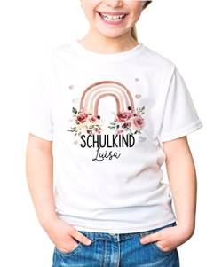 SpecialMe® Kinder Mädchen T-Shirt Schulanfang Schulkind personalisiert Wunschname Regenbogen Blumen weiß 110-116 (5-6 Jahre) von SpecialMe