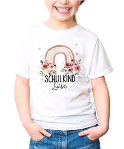 SpecialMe® Kinder Mädchen T-Shirt Schulanfang Schulkind personalisiert Wunschname Regenbogen Blumen weiß 129-140 (9-10 Jahre) von SpecialMe