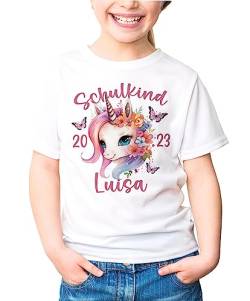 SpecialMe® Kinder T-Shirt Mädchen Einhorn Schulanfang Schulkind personalisiert mit Wunschname und Jahreszahl weiß 122-128 (7-8 Jahre) von SpecialMe