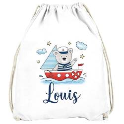 SpecialMe® Kinder Turnbeutel mit Name Bär Boot Segelboot Aufdruck Motiv personalisierte Geschenke Mädchen Jungen weiß unisize von SpecialMe