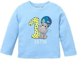 SpecialMe® personalisiertes Baby Langarmshirt mit Namen Zahl 1 Geburtstagsshirt Nilpferd Tiermotive Junge/Mädchen hellblau 92/98 (16-24-Monate) von SpecialMe