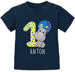 SpecialMe® personalisiertes Baby T-Shirt mit Namen Zahl 1 Geburtstagsshirt Nilpferd Tiermotive Junge/Mädchen dunkelblau 92/98 (16-24-Monate) von SpecialMe