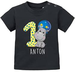 SpecialMe® personalisiertes Baby T-Shirt mit Namen Zahl 1 Geburtstagsshirt Nilpferd Tiermotive Junge/Mädchen schwarz 80/86 (10-15 Monate) von SpecialMe