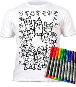 Splat Planet T-Shirt zum Ausmalen mit 6 ungiftigen, waschbaren magischen Stiften zum Ausmalen und Auswaschen Gr. 7-8 Jahre, Katzendesign von Splat Planet
