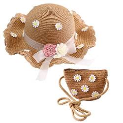 Spldsun 2 Stücke Hut und Kleine Tasche Set, Prinzessin Hut, Hut Große Krempe, für Damen, Mädchen, Sommer, Strand, Reisen (Braun, mit Blumen) von Spldsun